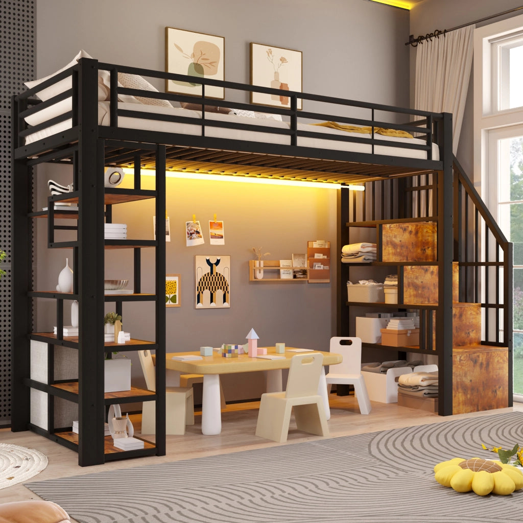 Letto a soppalco 90x200 cm con cassetti in tessuto; spazio sottostante; LED; ripiano; gradini e parapetto; metallo nero