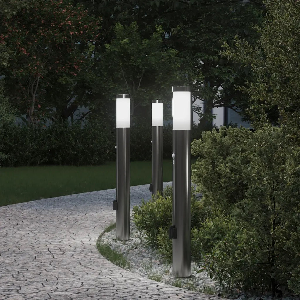 Lampioni a paletto con sensore e presa 3 pz 80 cm Acciaio Inox IP44 4006020