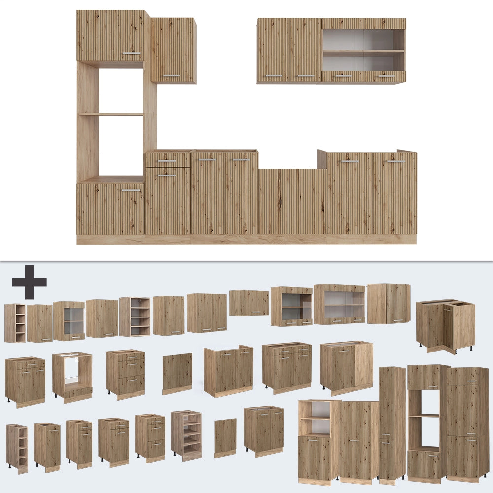 Vicco Cucina componibile Rovere artigianale/rovere Goldkraft 300 cm con armadio alto, PL Marmo