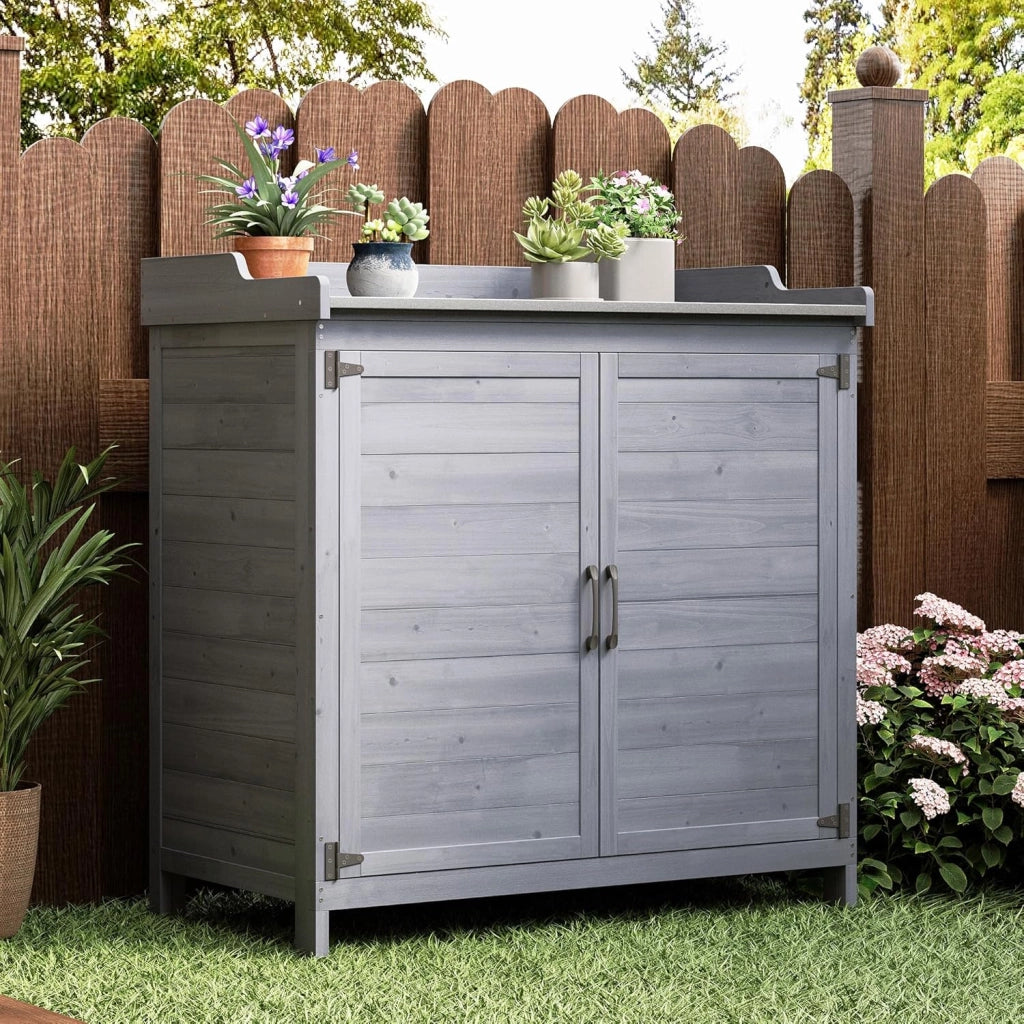 Tavolo da Esterno per Piante, Tavolo da Giardino con Piano di Lavoro Impermeabile, Tavolo da Lavoro in Legno con 1 Ripiano Regolabile, 48x98x95 cm. (Grigio)