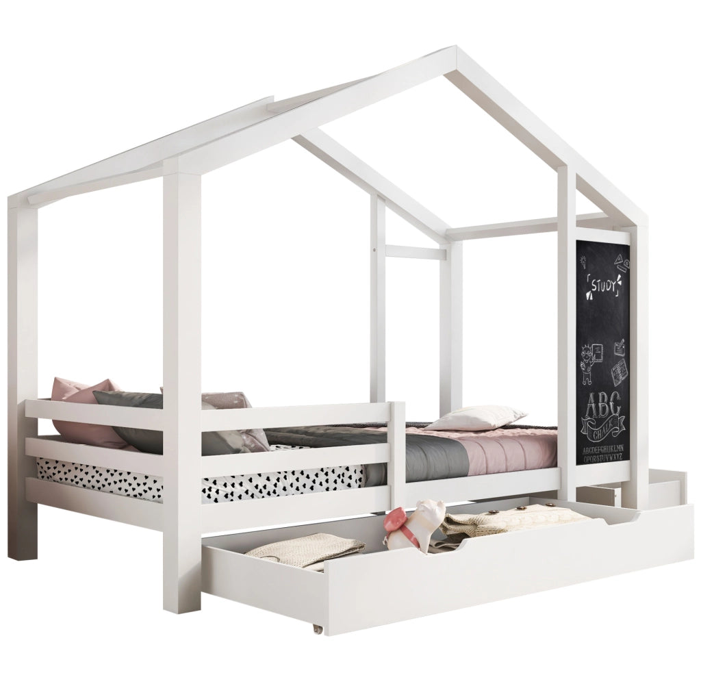 Letto a casetta 90x200 cm con lavagna e 2 cassetti; bianco