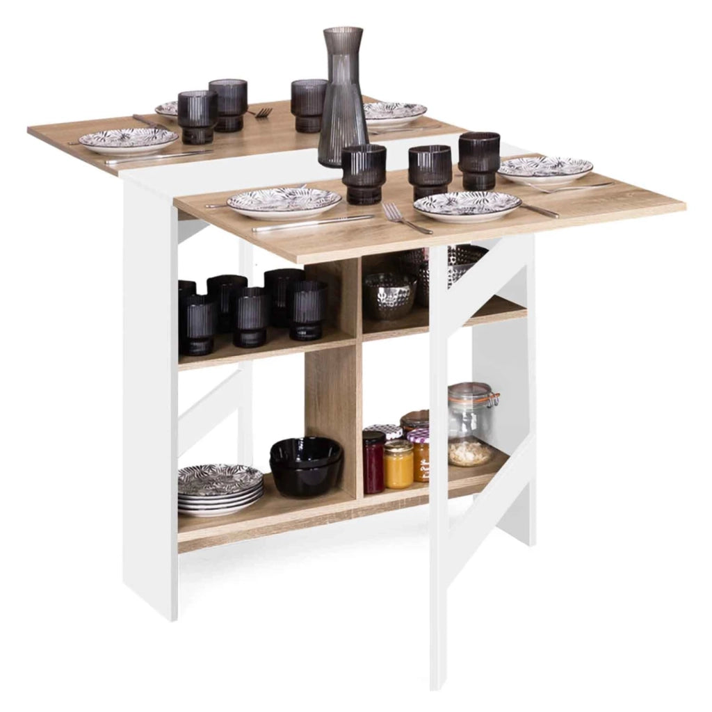 IDMarket - Consolle pieghevole EDI per 2-6 persone con contenitore in legno bianco e piano in faggio 150 x 80 cm