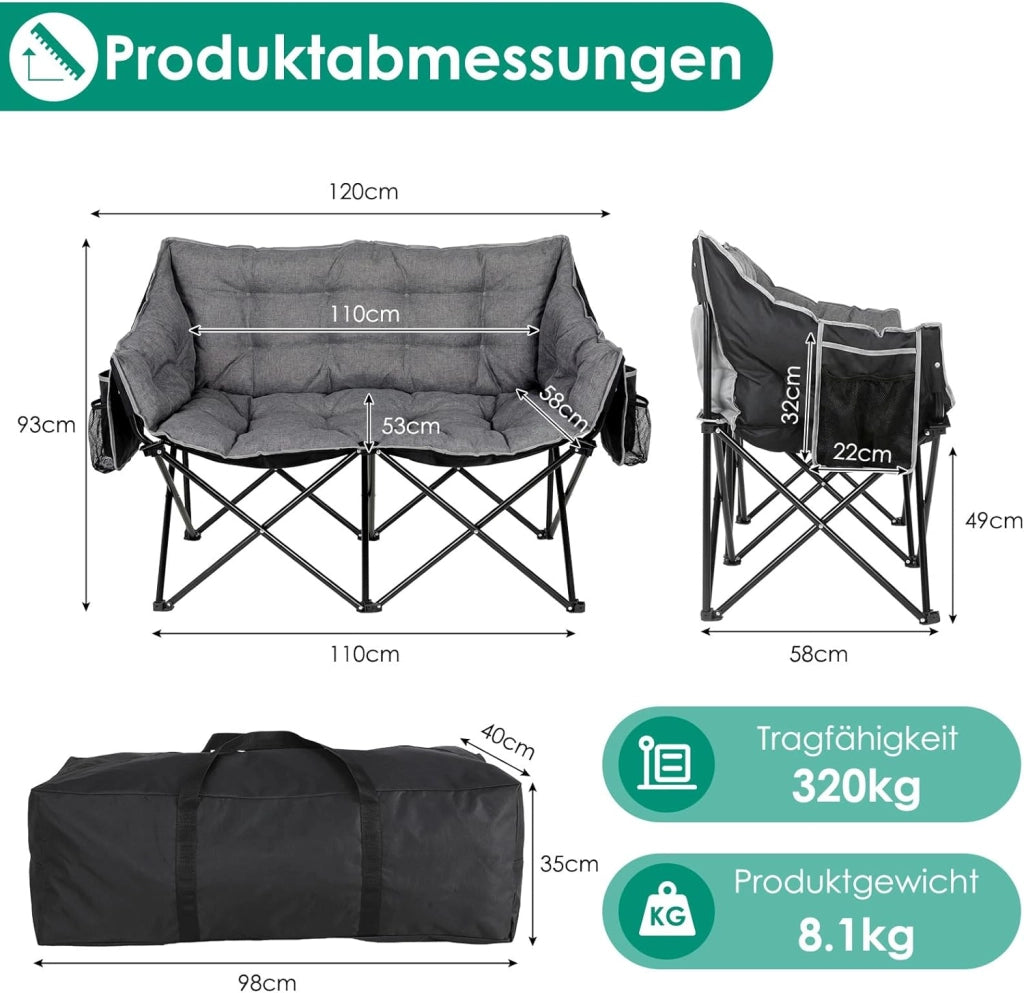 Sedia da Campeggio per 2 Persone, Divano da Campeggio Doppia 320KG, Sedia da Campo Portatile, con Tasca Laterale e posteriore, borsa per il trasporto, per Giardino, Spiaggia, Pesca, Grigio