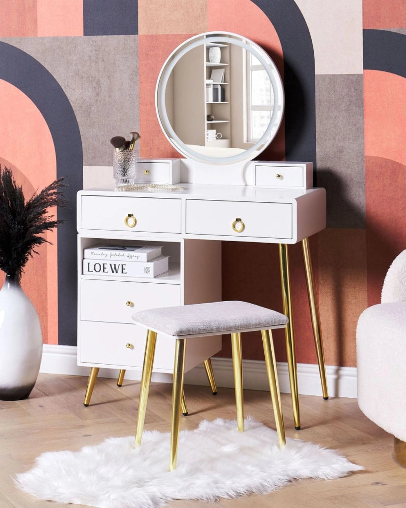 Toeletta con 6 cassetti specchio LED bianco e oro e sgabello camera da letto elegante