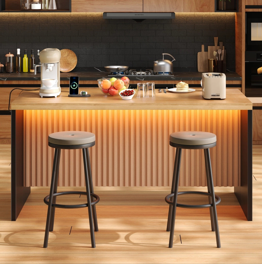 Isola da cucina 155x80x90 cm in MDF; nero e naturale; LED; prese EU; USB