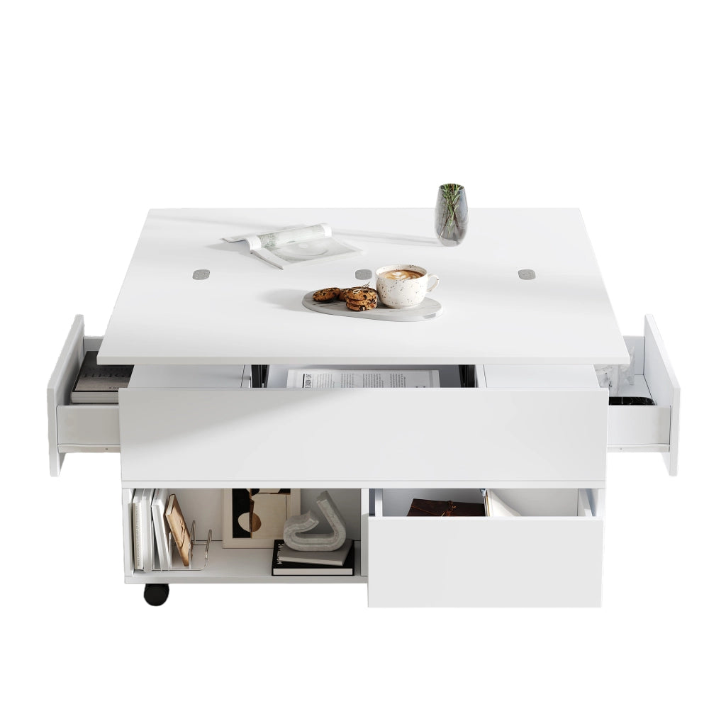 Tavolino da salotto regolabile in altezza, multifunzionale 3 in 1 con 4 cassetti, ruote e vano contenitore, bianco, 100x50x52 cm