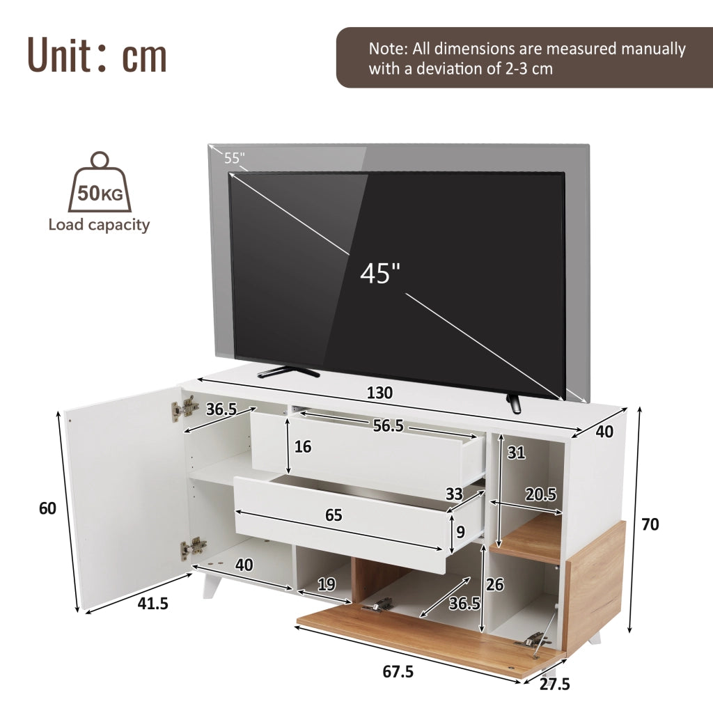 Credenza con 2 ante; 2 cassetti e ripiano regolabile per soggiorno 130x40x70 cm bianco rovere chiaro