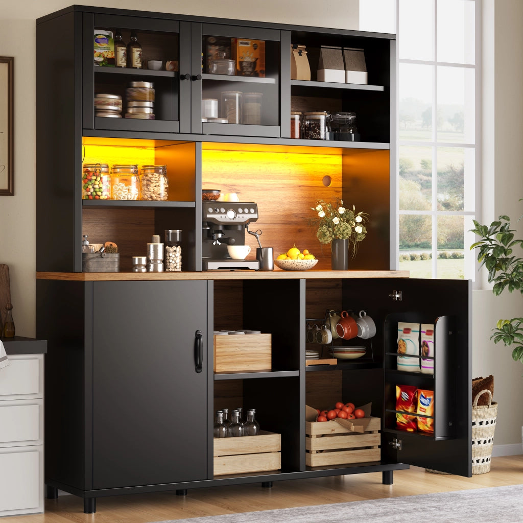 Armadio Alto con Ante Scorrevoli e Ripiani ¨C MINIMAL ¨C Nero con Venatura Legno, 185cm, LED