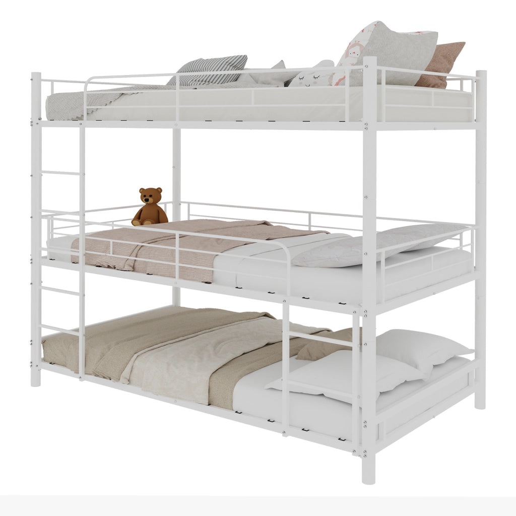 Letto a castello triplo con scala e parapetto continuo in ferro bianco 100x200 cm