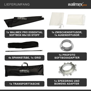 Essential Softbox 80x120cm con adattatore softbox per Profoto 15,2 cm, girevole a 360°, facile da montare, con griglia, adattatore Bowens, per fotografia prodotti e persone