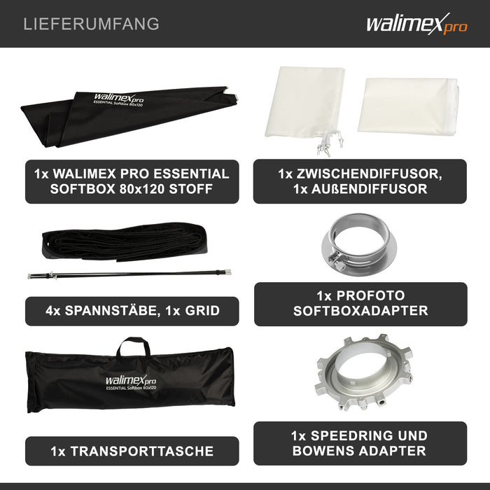 Essential Softbox 80x120cm con adattatore softbox per Profoto 15,2 cm, girevole a 360°, facile da montare, con griglia, adattatore Bowens, per fotografia prodotti e persone