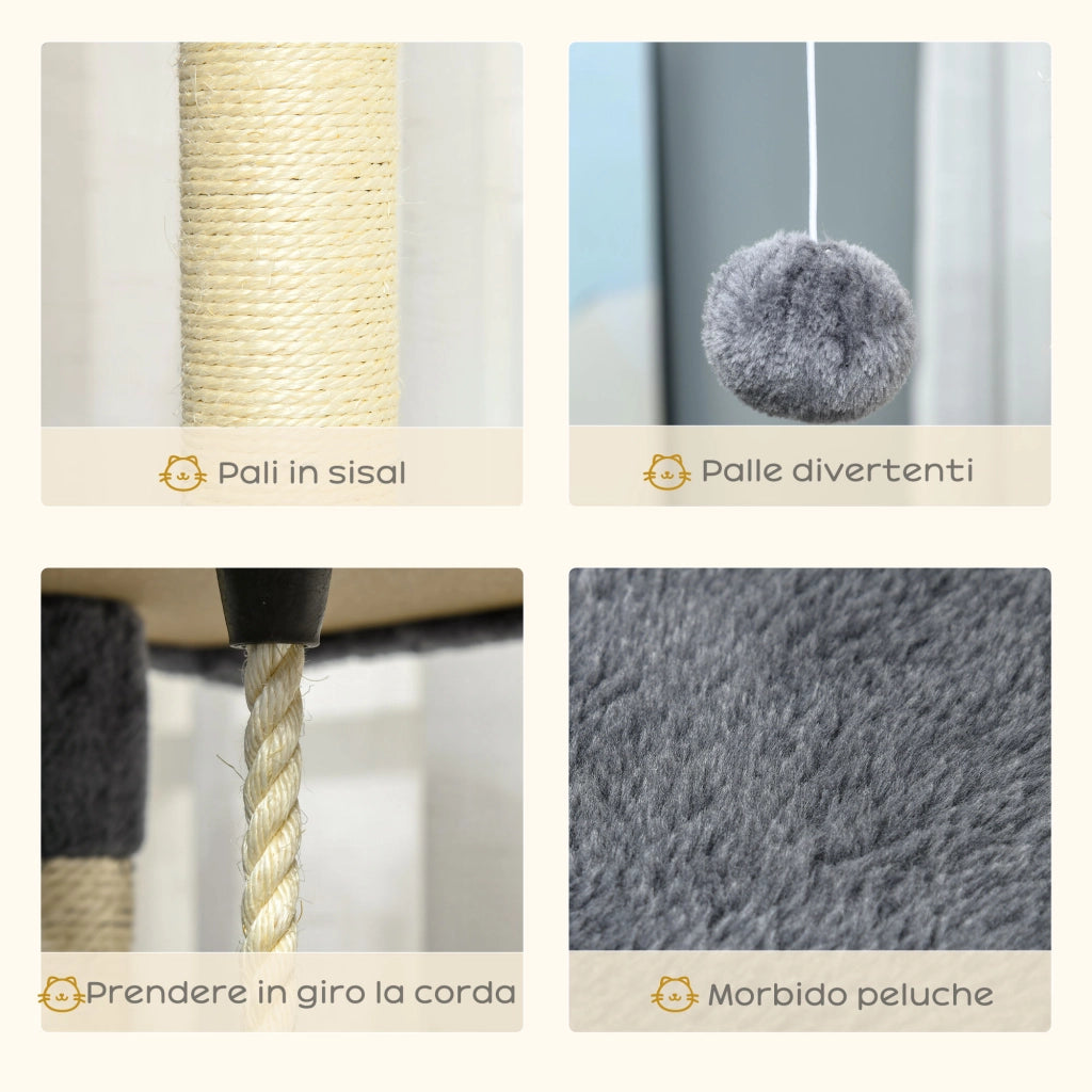 EasyComfort Albero Tiragraffi per Gatti Alto con Casette e Amache, 60x60x200cm, Grigio Chiaro