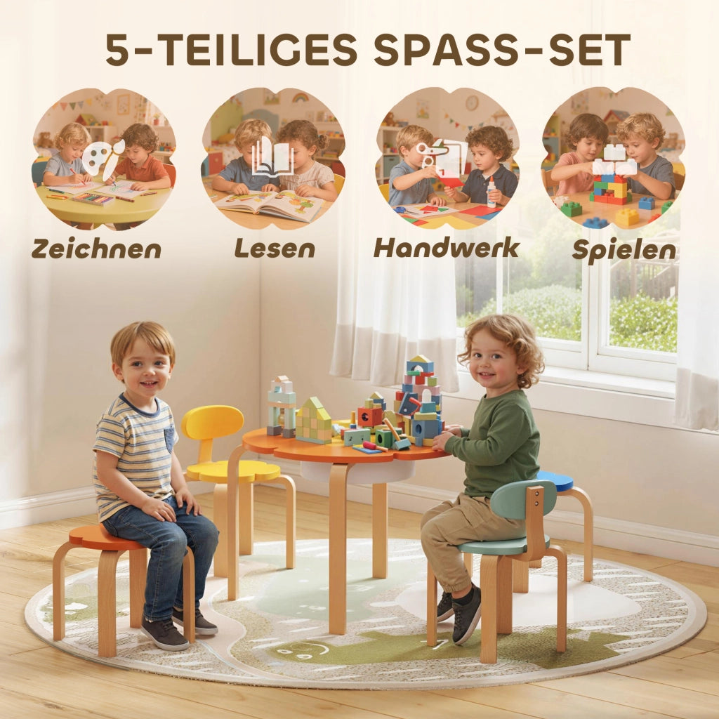 Set tavolo e sedie per bambini 5 pezzi ¨C zephmum ¨C Legno colorato con tasche di stoccaggio