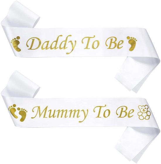 Set di Sash per Mammina e Papà in Arrivo 2pz - Festa di Benvenuto per il Bambino - Decorazione per Feste - Bianco - Rivelazione del Sesso - Regalo per i Genitori - Adatto per Festa di Benvenuto per il Bambino