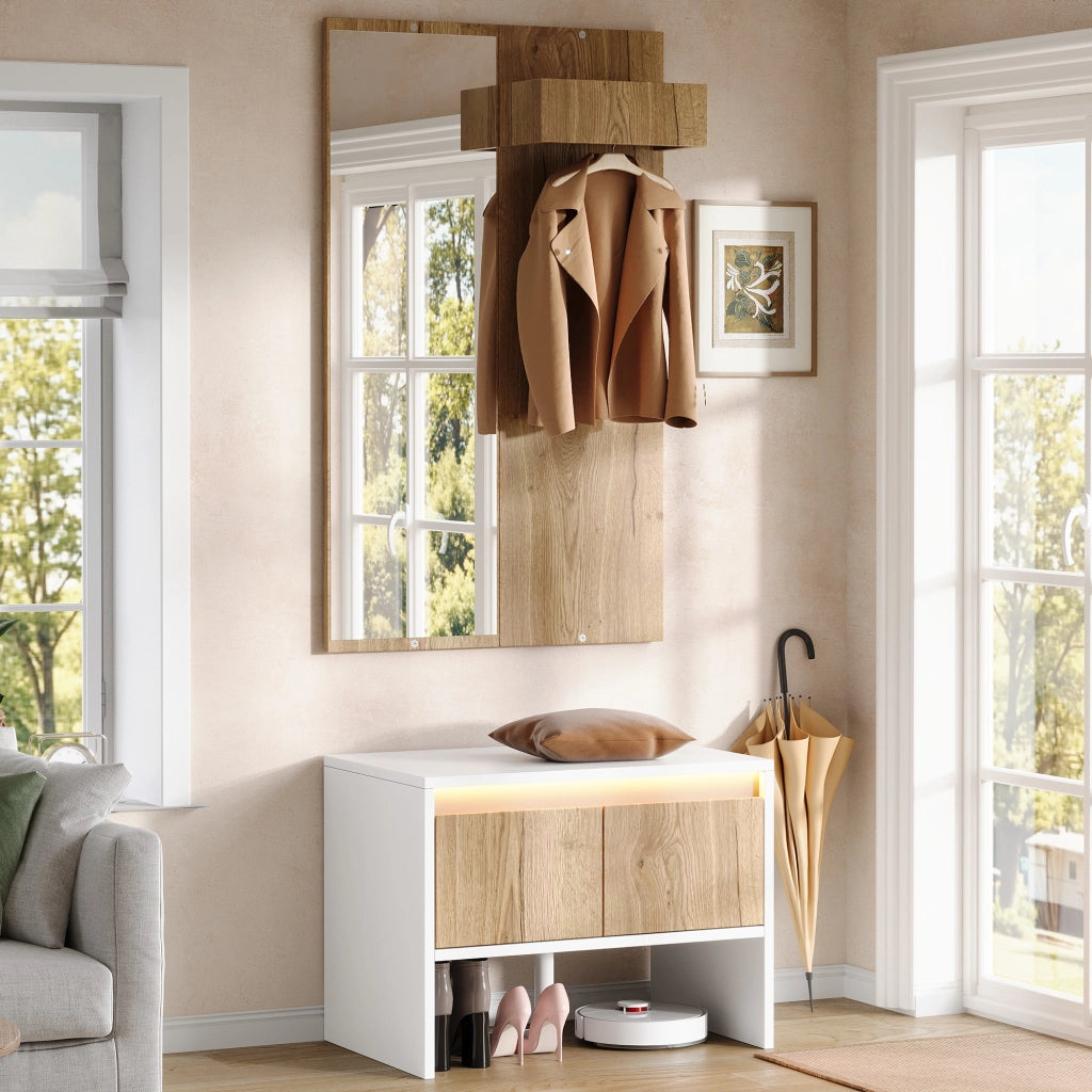 Mobile da ingresso con specchio, appendiabiti, panca portascarpe e 2 cassetti, bianco e naturale, 60 × 38 × 145 cm
