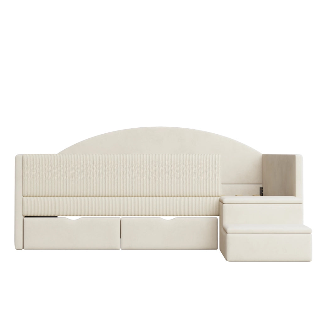 Letto per bambini 90 × 190 cm con 2 cassetti, sponde di sicurezza et scalini, senza materasso, beige