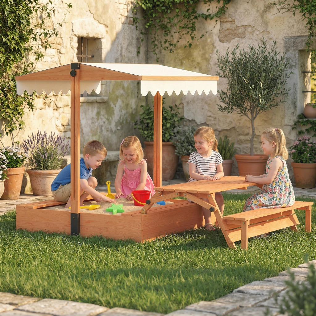 Sandbox con tetto e tavolo da picnic ¨C zephmum ¨C in legno 184x110x120 cm marrone