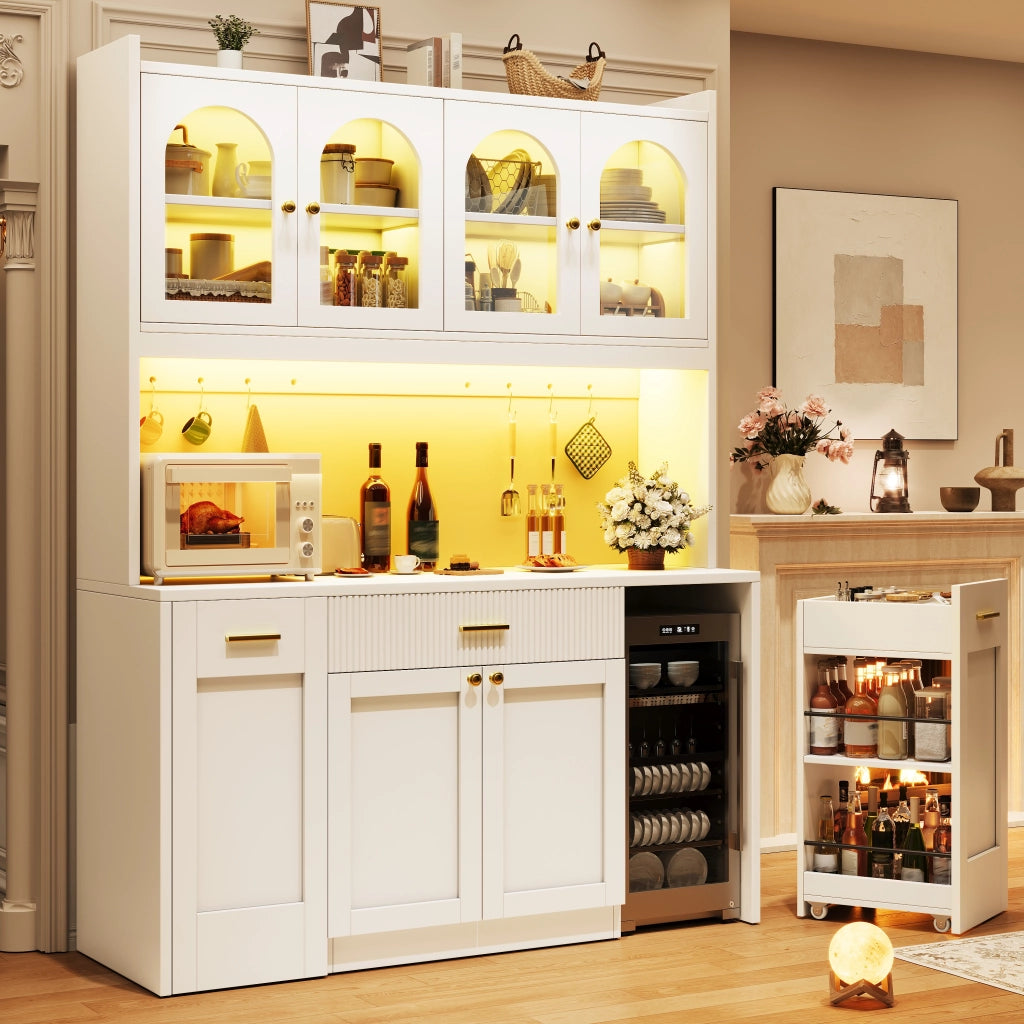 Credenza con 3 vetrine; LED RGB e vani scorrevoli - per cucina - 120x40x187 cm - bianco