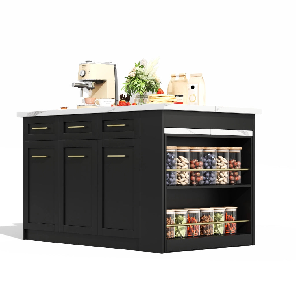 Isola da Cucina Nera 150/246x90x90 cm con Tavolo Estraibile 96 cm; Piano Effetto Marmo; 6 Cassetti e Ripiani