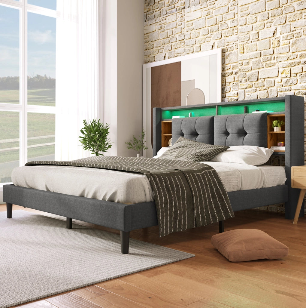 Letto matrimoniale 140x200 cm grigio con testiera contenitore; LED; prese USB e materasso