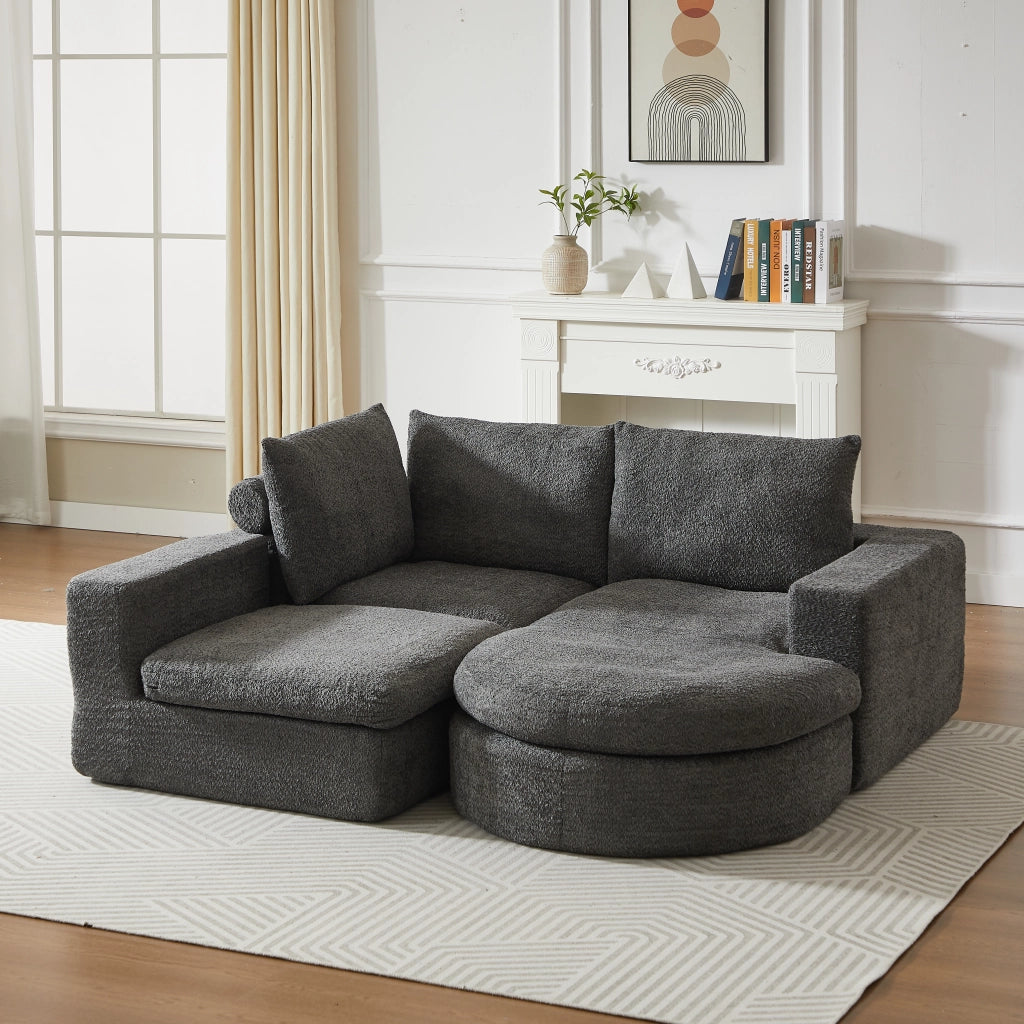 Divano angolare modulare in ciniglia con chaise longue reversibile e supporto in ferro, cuscini cervicali grigio