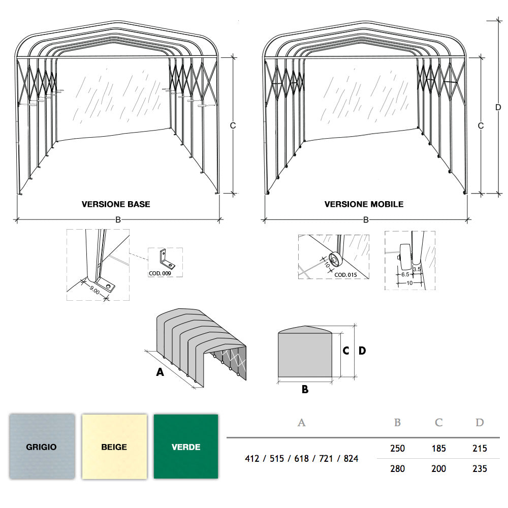 Box Tunnel Base 515x280xh230 cm Copertura in PVC per Auto Maddi Verde