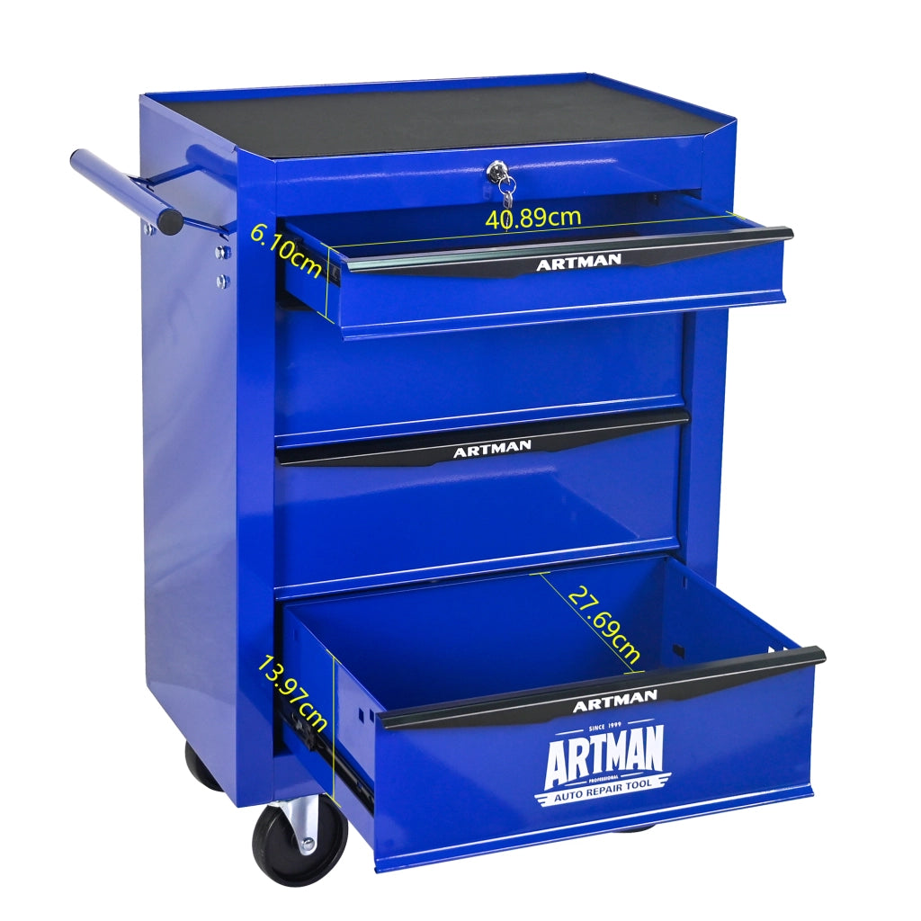 Cassettiera con ruote in acciaio con 4 cassetti e guide a sfere per garage e officina nero blu 60 × 33 × 77,5 cm