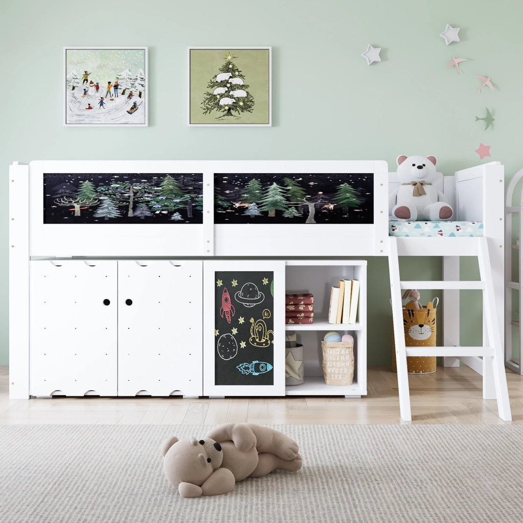 Hochbett bianco con armadi a doppia anta e lavagna integrata in abete MDF compensato 90x200 cm