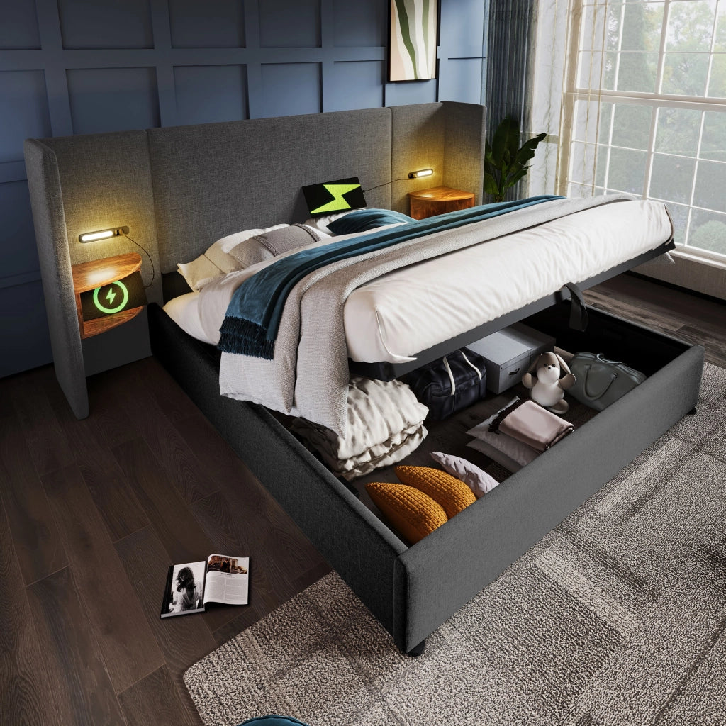 Letto Contenitore 160×200 cm; Letto Matrimoniale con Mensola; Lampada da Lettura; USB e Tipo C; senza Materasso; Grigio