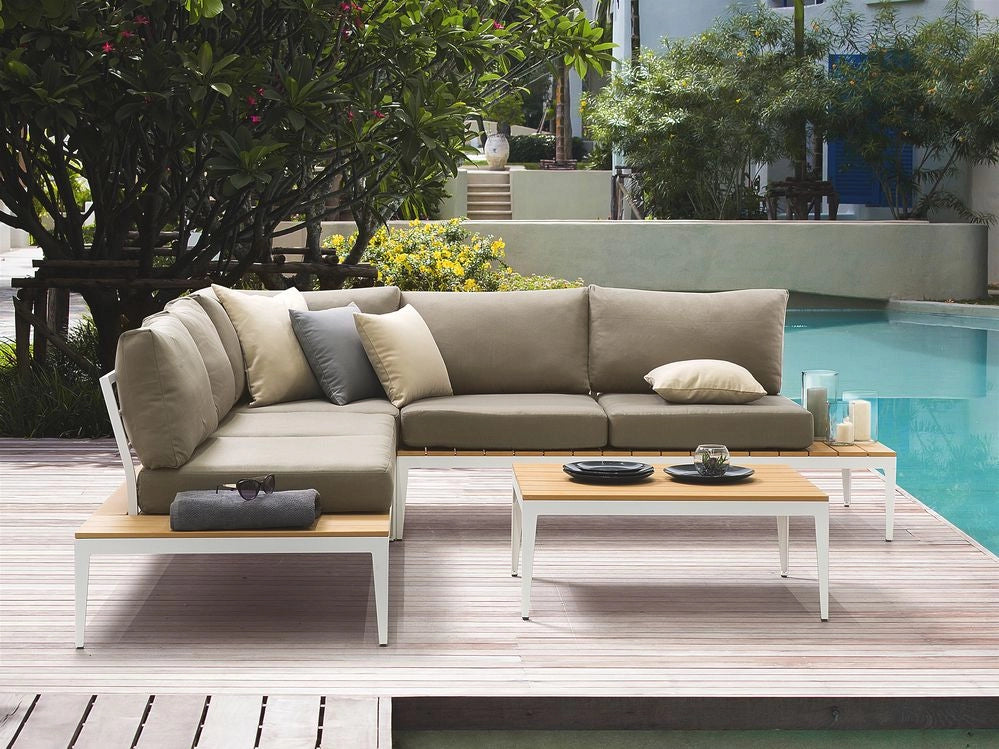 Set divano ad angolo da giardino cuscini grigi tavolo design a doghe set moderno da conversazione a 5 posti