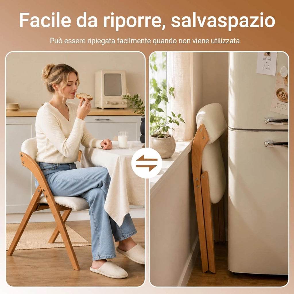 Sedia Pieghevole in Legno Set da 2 Poltrona Imbottita da Cucina, Sedie da Interno per Ufficio, Balcone, Giardino – Sedie Pieghevoli Salvaspazio Richiudibili in Faggio, Bianco FST92-Wx2