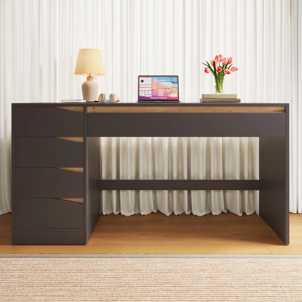 Scrivania dritta con 5 cassetti e piano ampio, grigio e rovere, per studio e camera, MDF, 140 × 50 × 78 cm