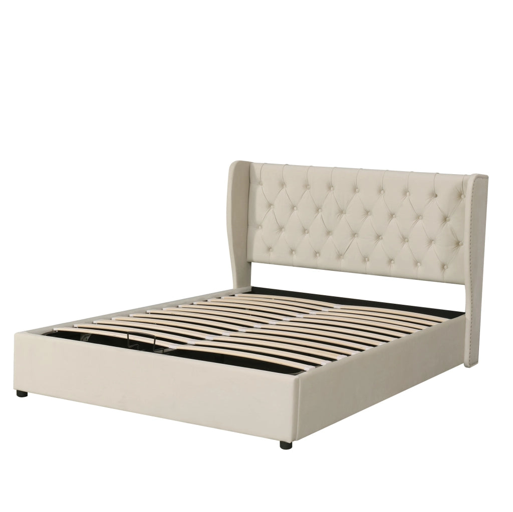 Letto matrimoniale 160x200 cm; contenitore idraulico; velluto beige (Senza materasso)