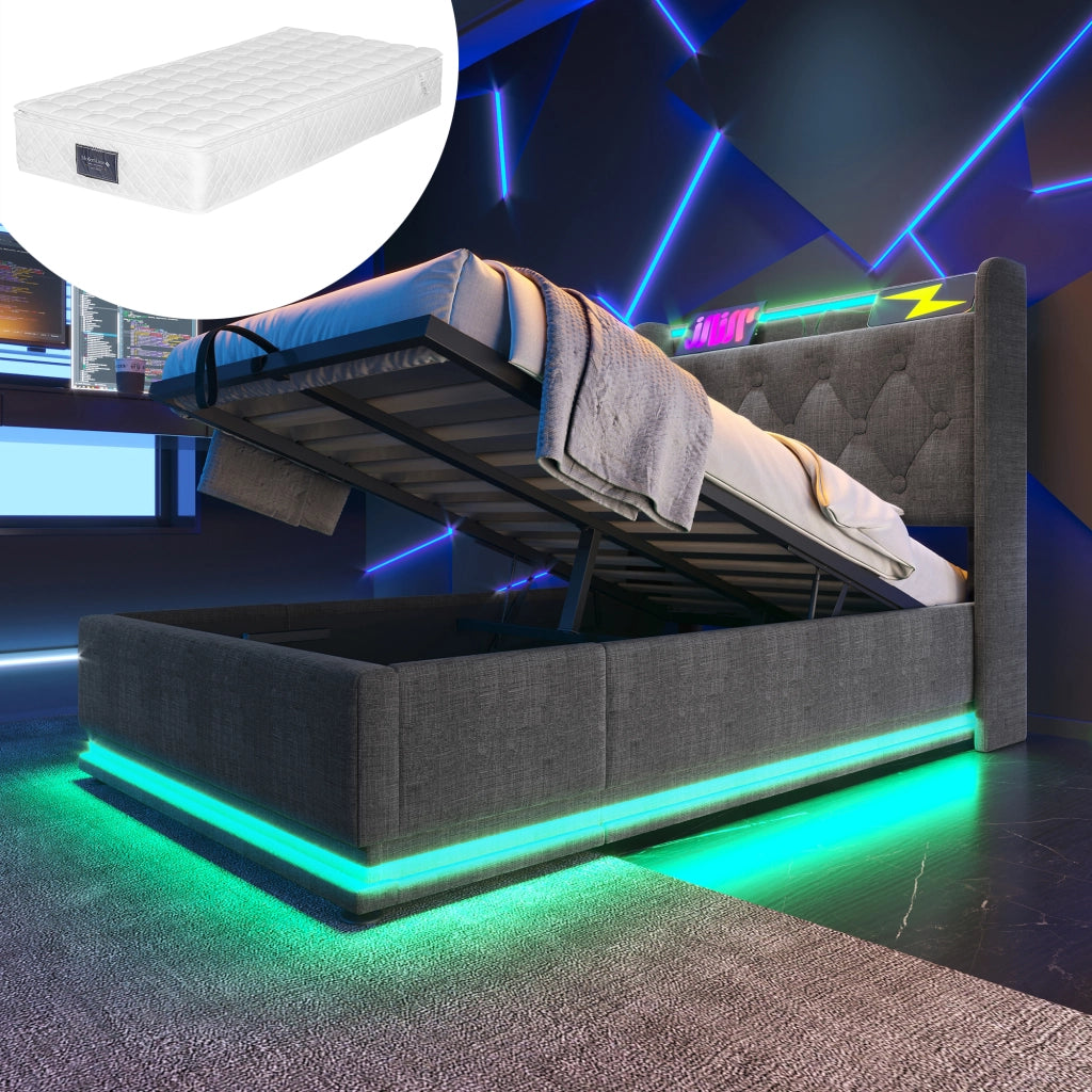 Letto singolo – 90x200 cm – LED 360° APP USBC con materasso – lino grigio