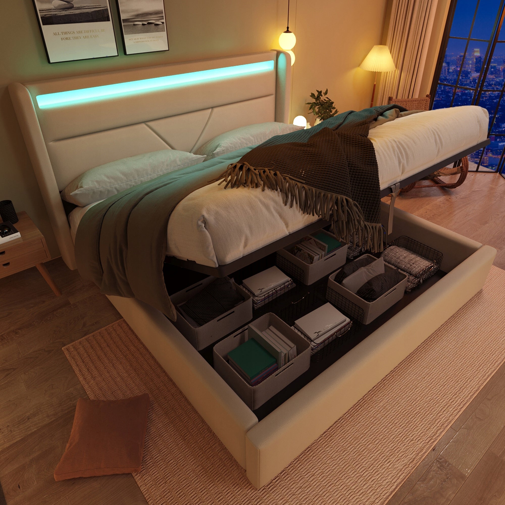 Letto imbottito 160x200 - Xylo - LED, sistema idraulico, bianco