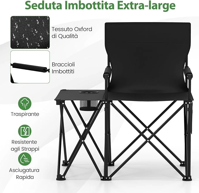 Set di 2 Sedia da Campeggio con Tavolino Laterale, Sedia da Picnic Pieghevole con 2 Tasche, Portabicchieri, Braccioli Imbottiti, Borsa da Trasporto, Portata 150 kg (Nero)
