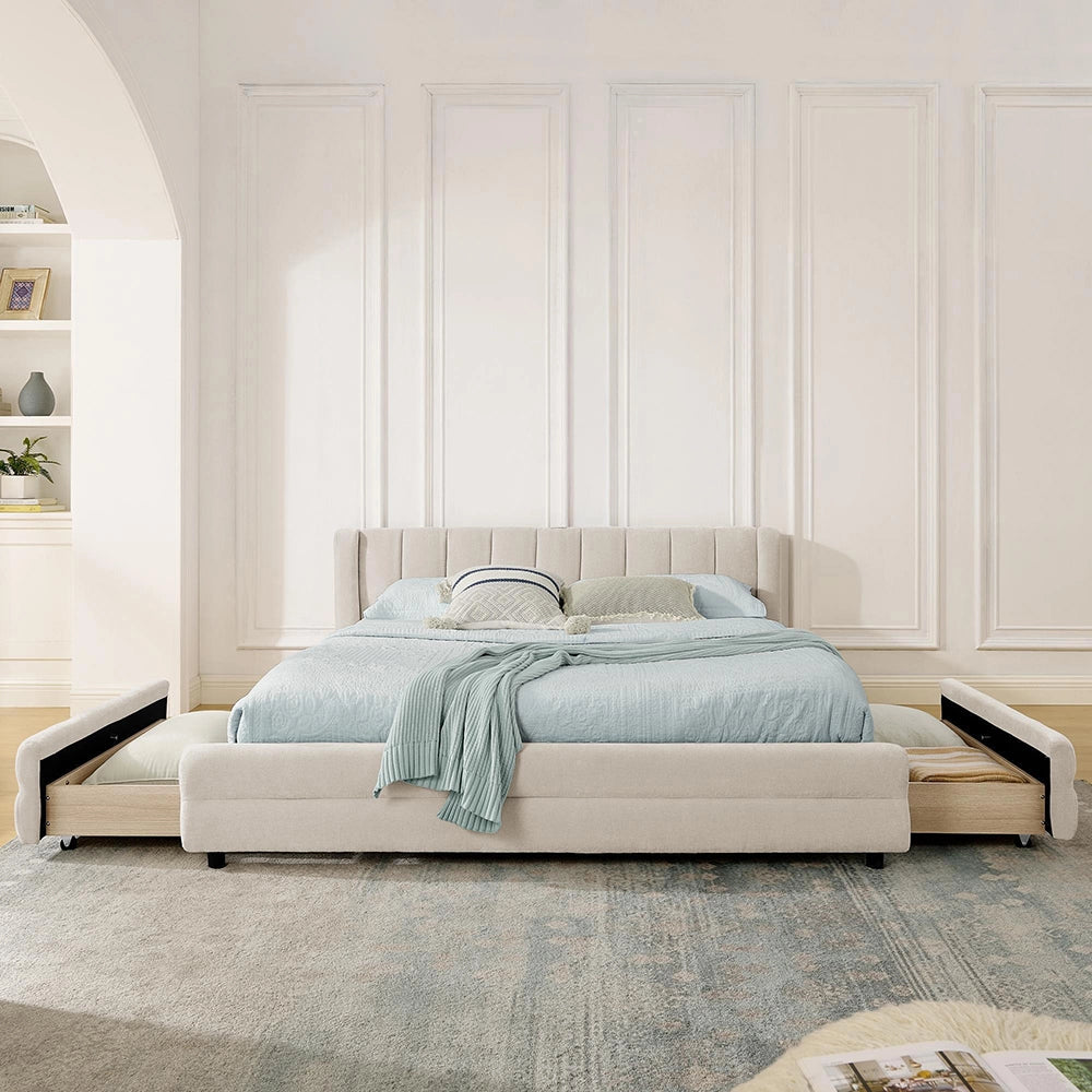 Letto matrimoniale con contenitore - Xylo - 140x200 cm - Beige - Porte USB tessuto morbido