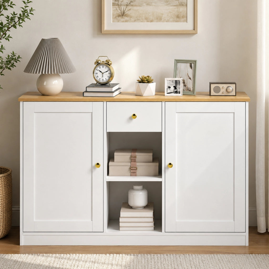 Credenza 120x35x75.2 cm con cassetto; 2 ante e 2 ripiani aperti bianca