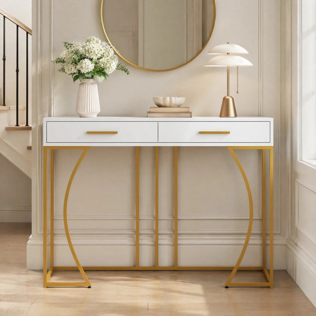 TAVOLO CONSOLLE con cassetto 110x32x85 cm MDF bianco e struttura in metallo