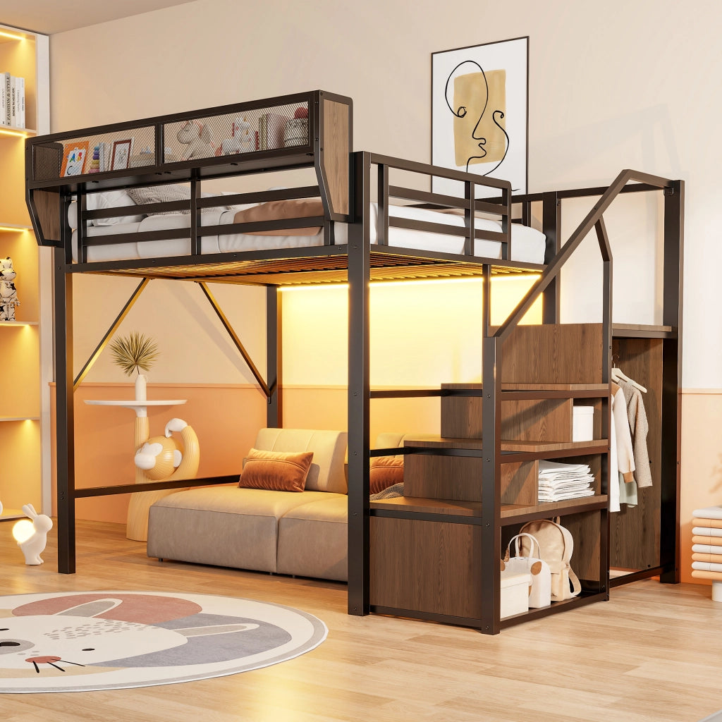 Letto a soppalco 140x200 cm in metallo con scala di sicurezza, ripiani flessibili e striscia LED, nero