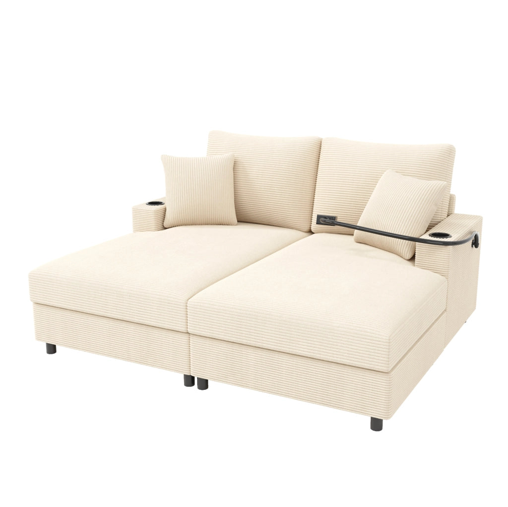 Divano letto beige 163x140x82 cm convertibile, supporto smartphone e USB,