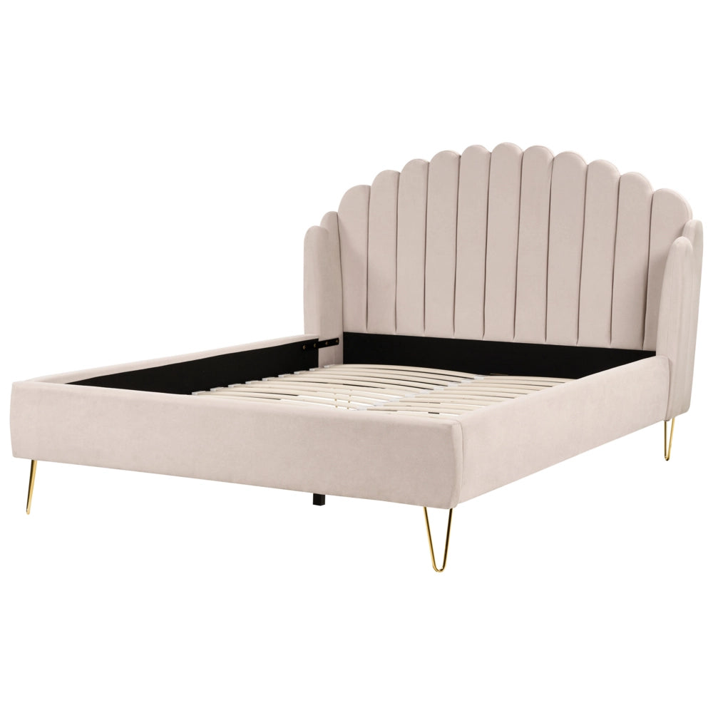 Letto con rete in tessuto poliestere beige chiaro 160 x 200 cm gambe in metallo testata retro capitonné