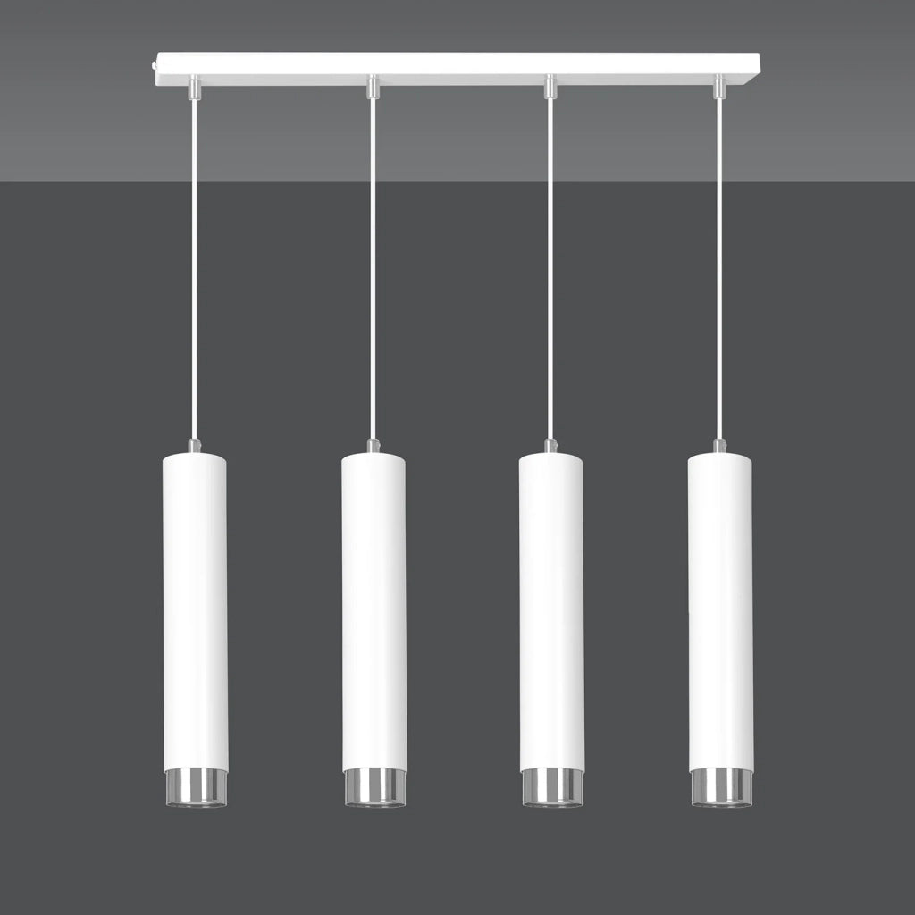 Lampadario 4 Luci Brunilde In Acciaio Bianco E Tubolari In Bianco E Cromo