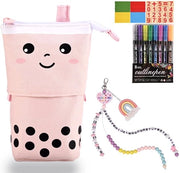 Etui 2-in-1 per bambine con chiusura a righello, contenente set di matite, set di numeri in legno, catenina di contabilità e penna magica, colore rosa