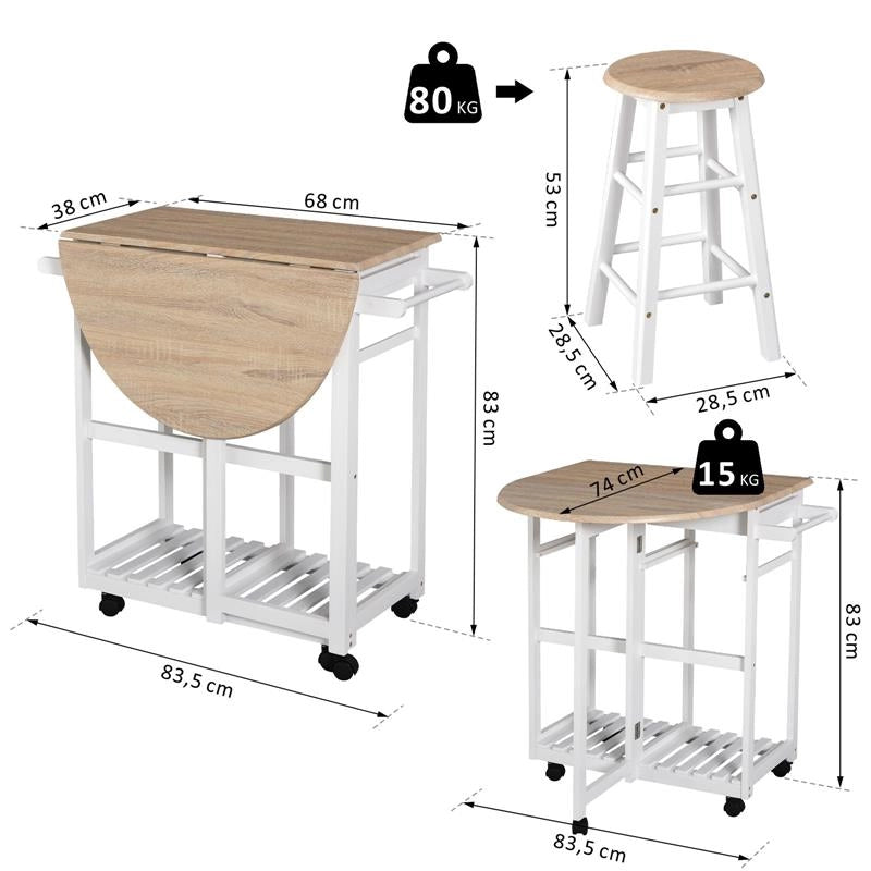 CARRELLO DA CUCINA PIEGHEVOLE CON 2 SGABELLI IN LEGNO BIANCO 83,5X74 X 83 CM