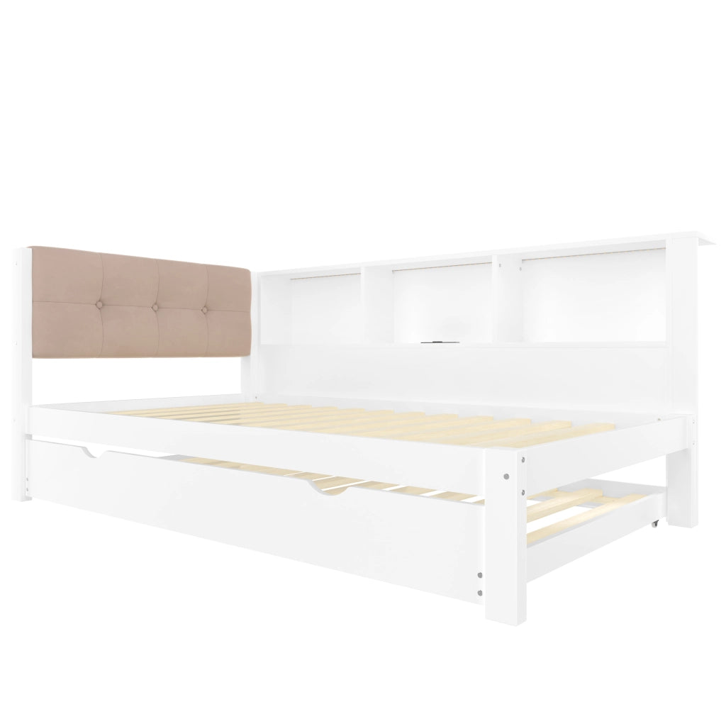 Daybed in legno di pino bianco 90x200 cm con letto estraibile, USB e LED dimmerabile