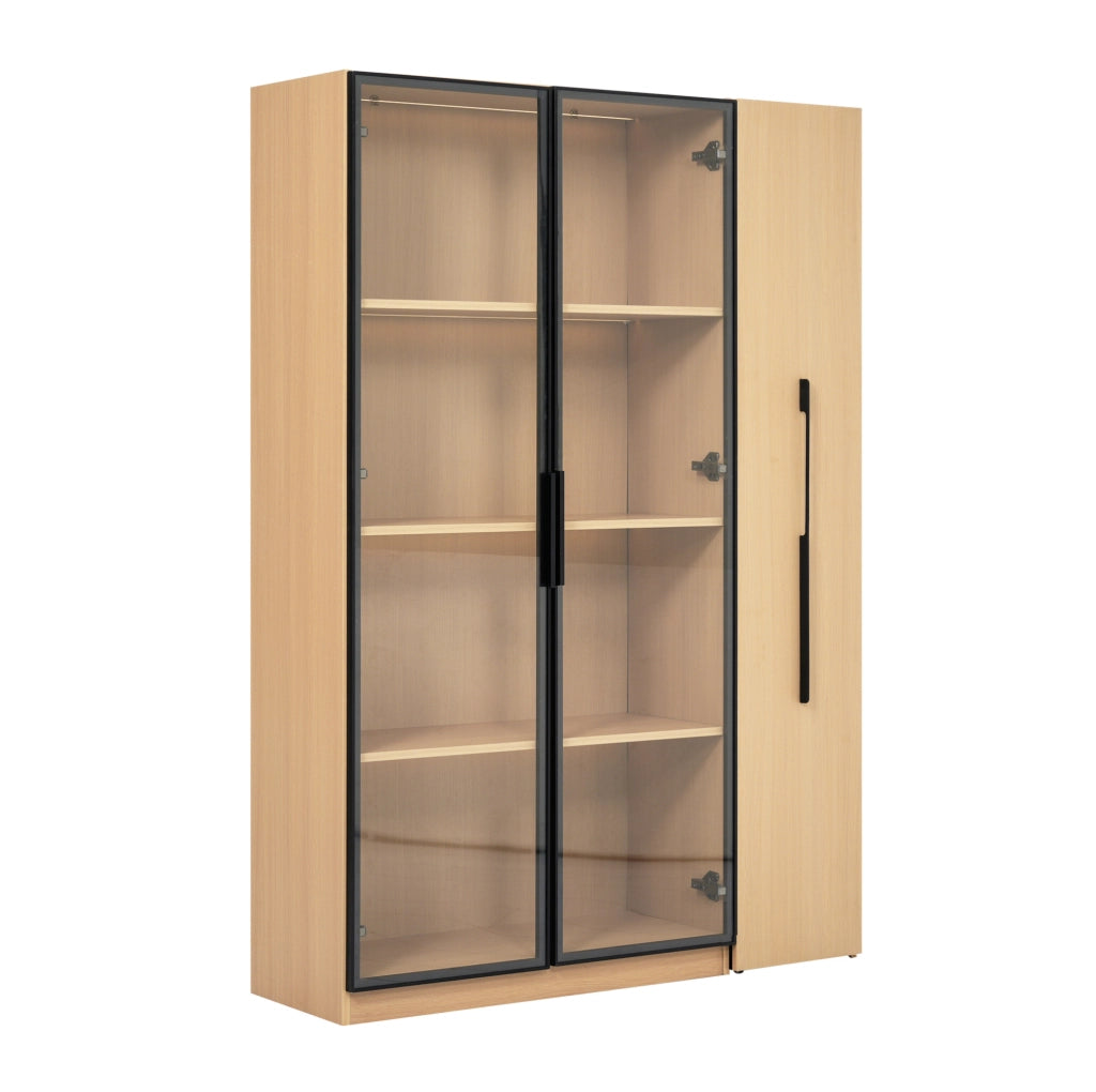 Libreria vetrina moderna 110;5x35x160 cm in MDF rovere con LED e anta in vetro