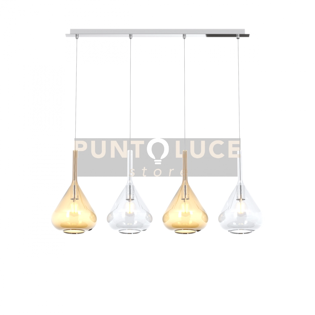SOSPENSIONE CROMO 4 LUCI RETTANGOLARE VETRI 2X TR + 2X AM 1177CR-S4 R-TA