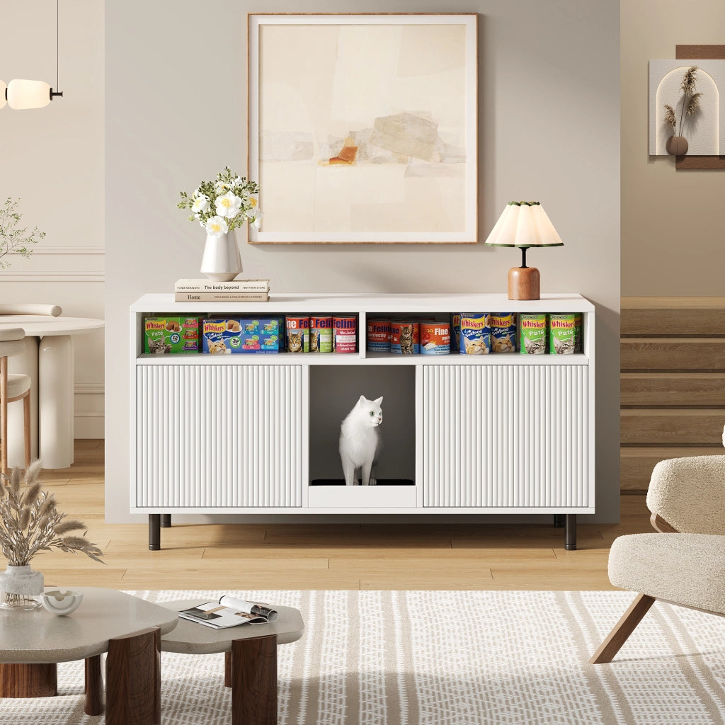 Mobile per lettiera per gatti con anta doppia, ripiani e tappetino raccogli-sabbia, 120x50x66 cm, bianco