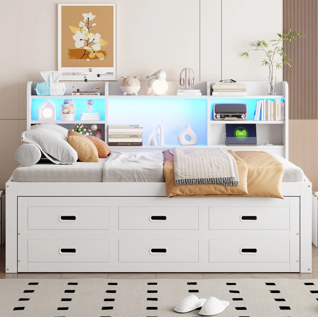 Letto singolo estraibile 90 x 200 cm bianco con LED, cassetti e ricarica USB-C